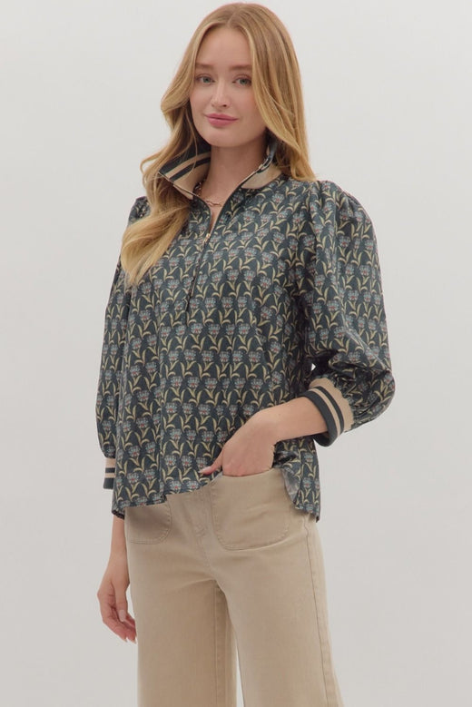 Striped Ribbed Cuff and Collar Top