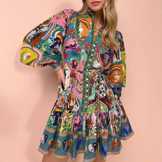 Printed Long Sleeve Mini Dress with Tie Waist