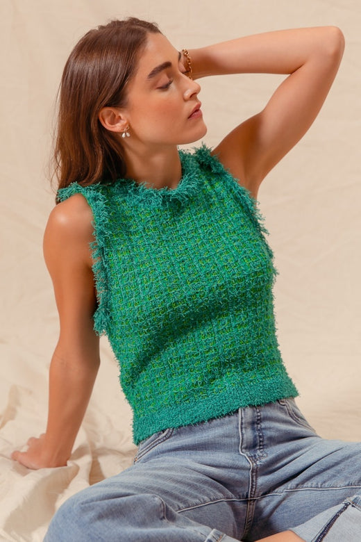Tweed Knit Vest with Frayed Edges