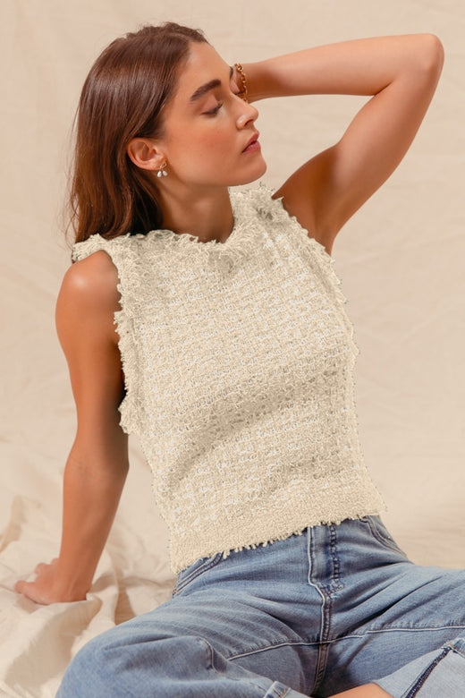 Tweed Knit Vest with Frayed Edges