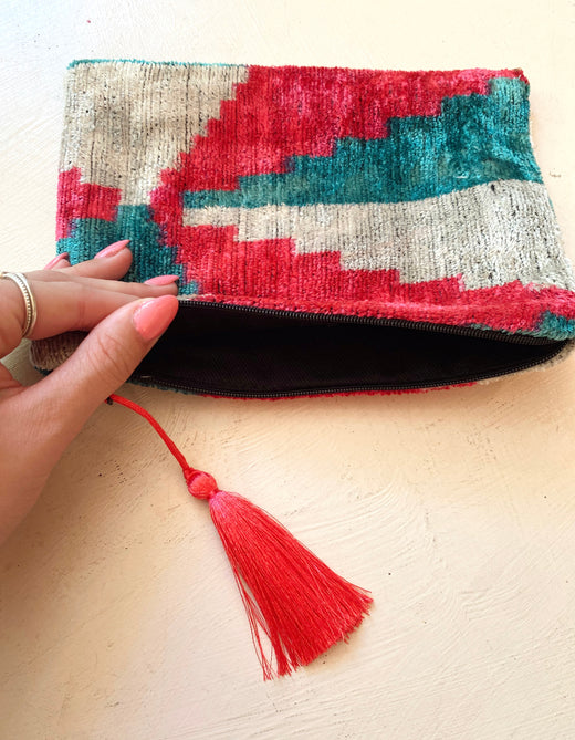 Blue Pink Kite Silk Velvet Ikat Pouch