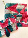 Blue Pink Kite Silk Velvet Ikat Pouch