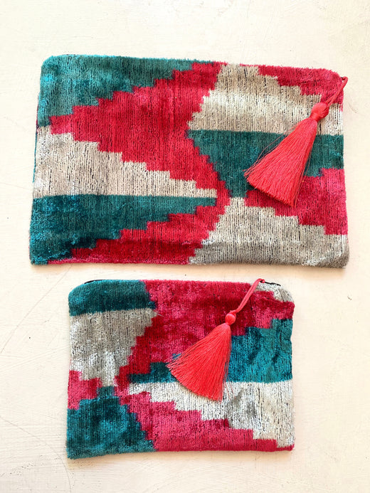 Blue Pink Kite Silk Velvet Ikat Pouch