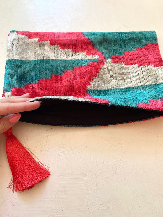 Blue Pink Kite Silk Velvet Ikat Pouch