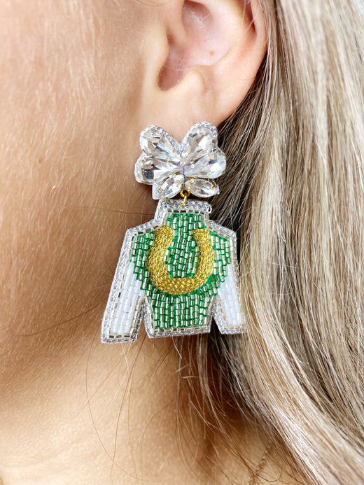 Derby Jockey Silks Green Gold Horseshoe Earrings