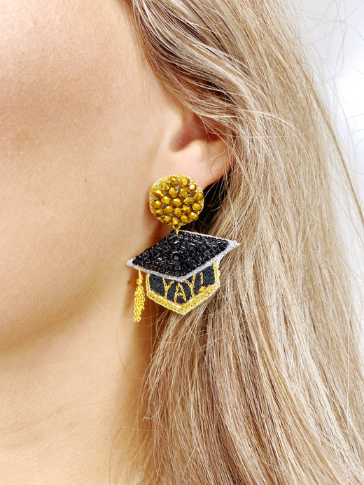 Graduation Cap Hand Beaded Earrings