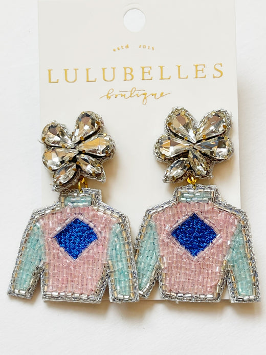 Derby Jockey Silks Blue Diamond-Aqua-Blush Earrings