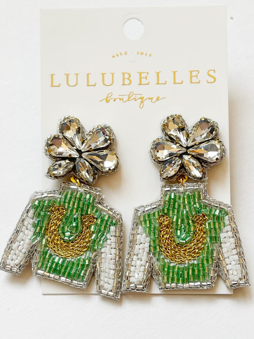 Derby Jockey Silks Green Gold Horseshoe Earrings