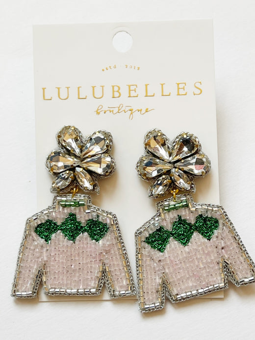 Derby Jockey Silks Light Pink With Green Diamond Earrings