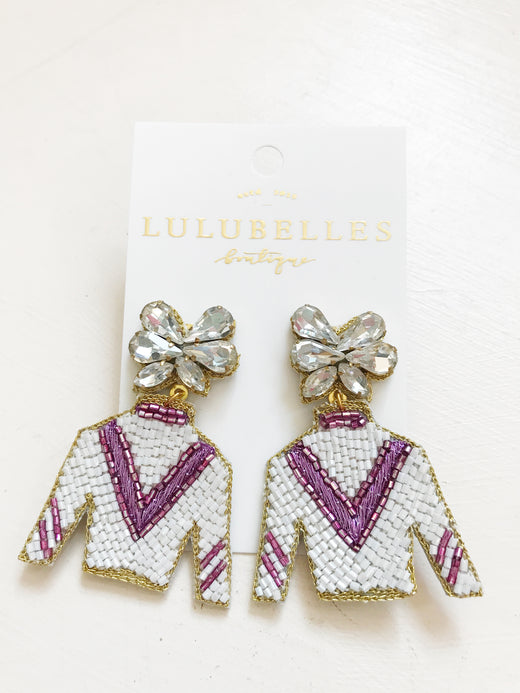 Derby Jockey Silks Earrings Beaded White V