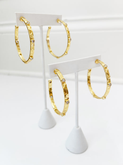 Hammered Gold and Crystal Hoops