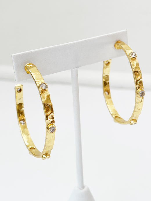 Hammered Gold and Crystal Hoops