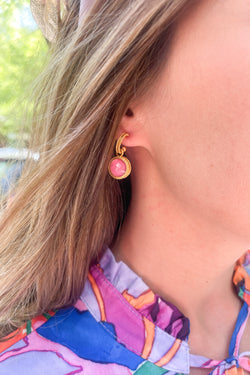 Fleur-de-Lis Hoop & Charm Earring -  Iridescent Peony Pink