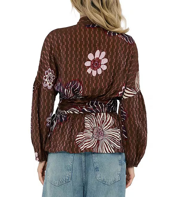 Textured Floral Wrap Blouse