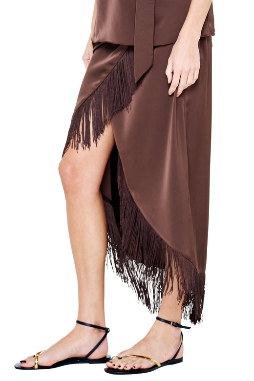 Fringed Satin Wrap Midi Skirt