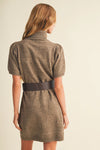 Belted Ribbed Turtleneck Heathered Knit Dress