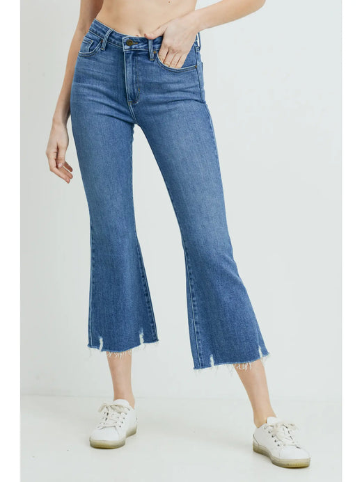 HR Distressed Hem Cropped Flare Jeans