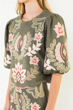 THML, Suede Puff Sleeve Embroidered Flower Top