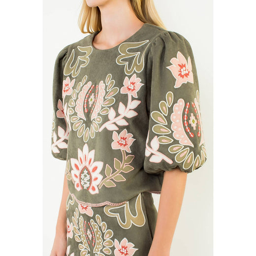 THML, Suede Puff Sleeve Embroidered Flower Top