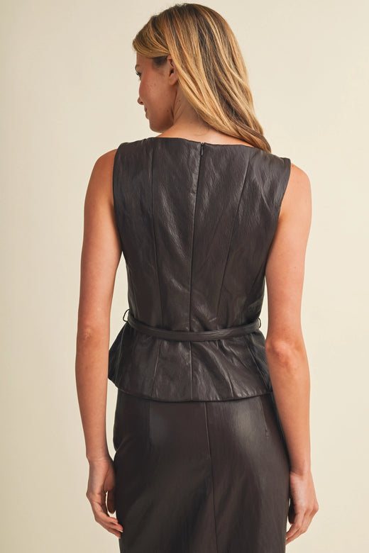 Belted Waist Pintuck Faux Leather Peplum Top