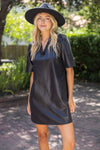 Ruffled V-Neck Solid Faux Leather Shift Dress