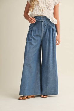 Pintuck Wide Leg Denim Pants