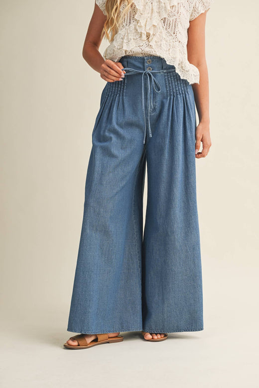 Pintuck Wide Leg Denim Pants