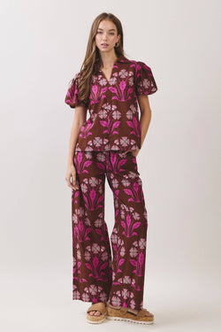 Floral Print Puff Sleeve Collared Top