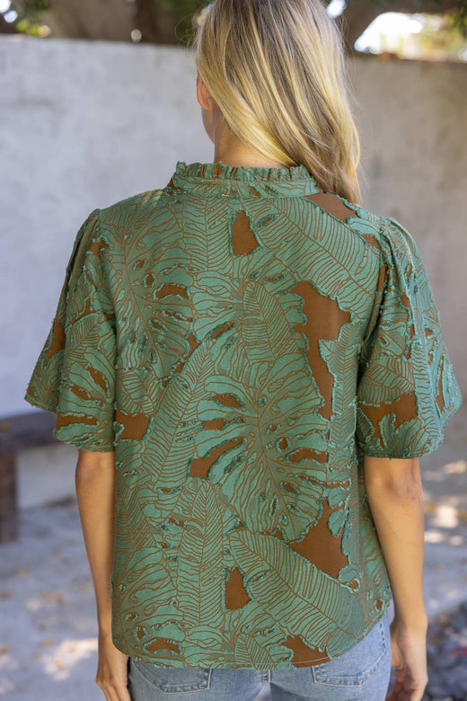 Ruffled V-Neck Floral Burnout Top