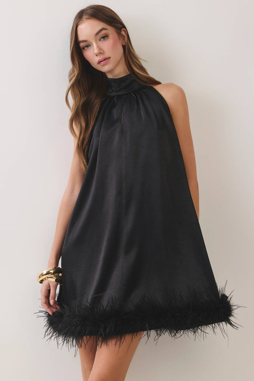 Feather Trim Halter Mini Dress