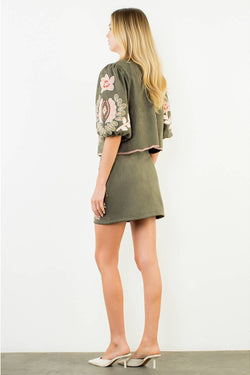 THML, Suede Puff Sleeve Embroidered Flower Top
