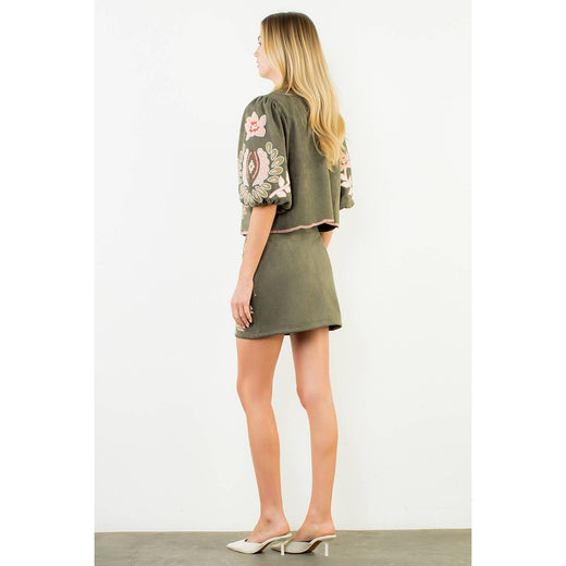 THML, Suede Puff Sleeve Embroidered Flower Top