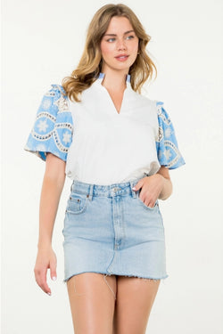 Embroidered Sleeve Poplin Top