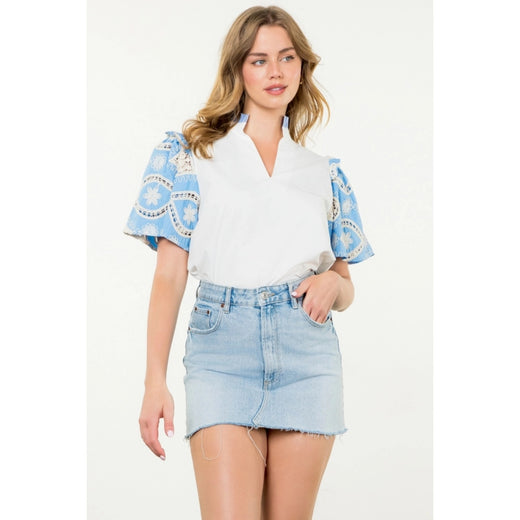 Embroidered Sleeve Poplin Top