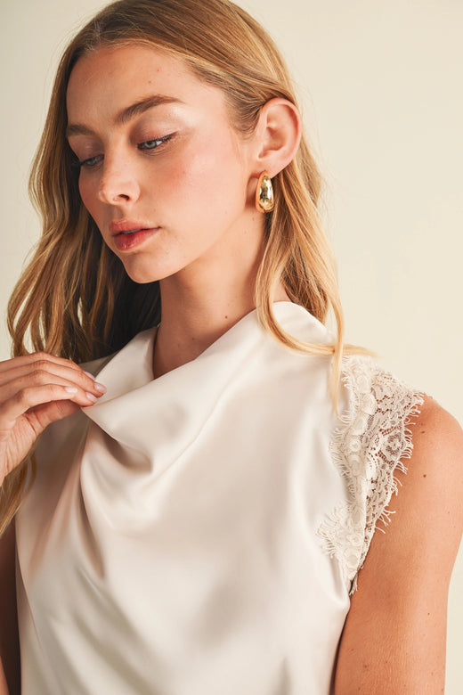 Asymmetric Cowl Neck Lace-Trim Blouse