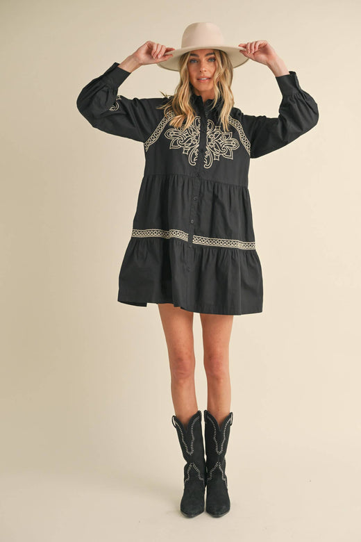 Embroidered Button Mini Dress
