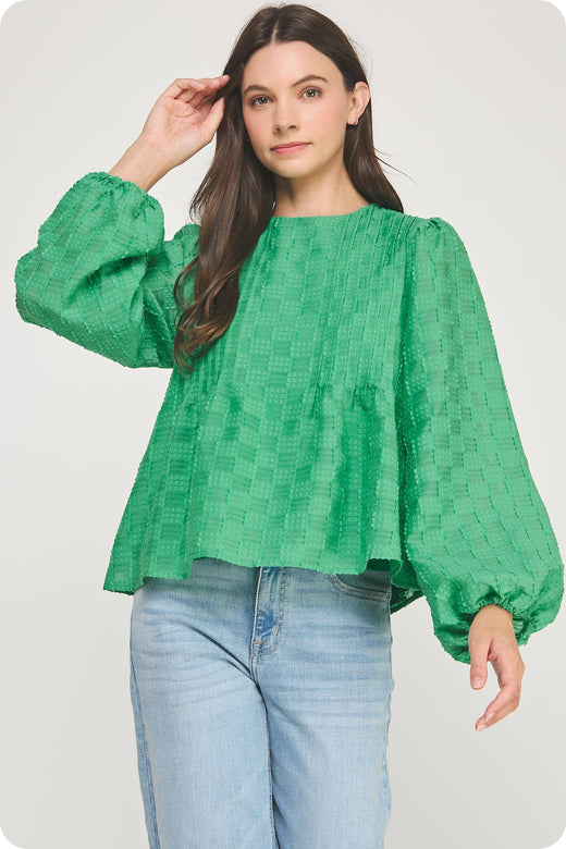 Pintuck Check Textured Puff Sleeve Blouse