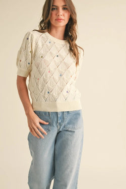 Floral Embroidery Pointelle Knit Sweater
