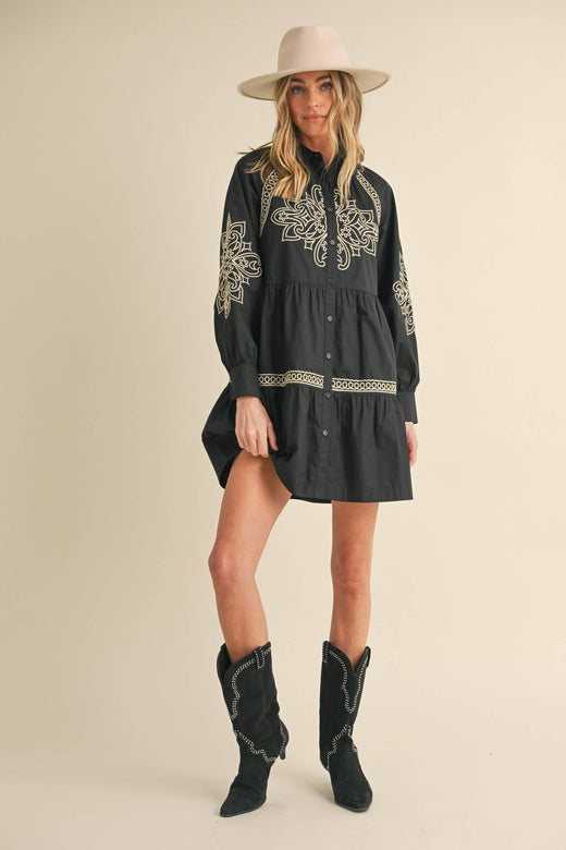 Embroidered Button Mini Dress