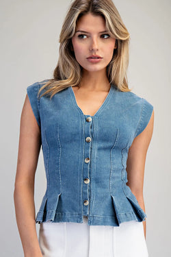 Pleated Button Denim Top
