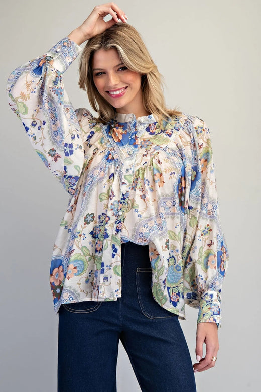 Button Down Paisley Printed Blouse