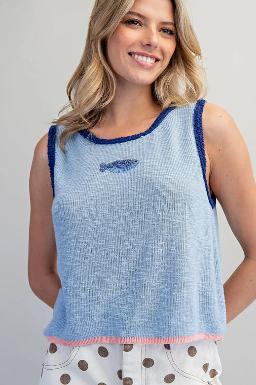 Beaded Fish Sleeveless Knit Top