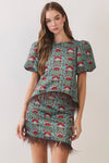 CT10188-Floral Print Feather Trim Top