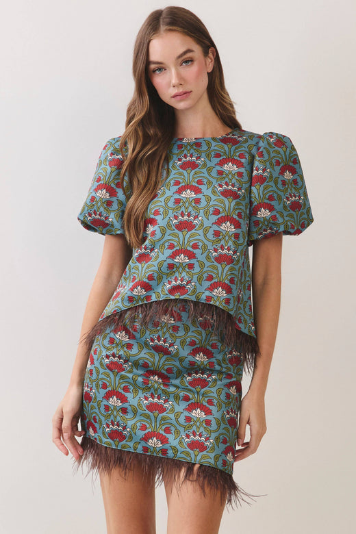 CT10188-Floral Print Feather Trim Top