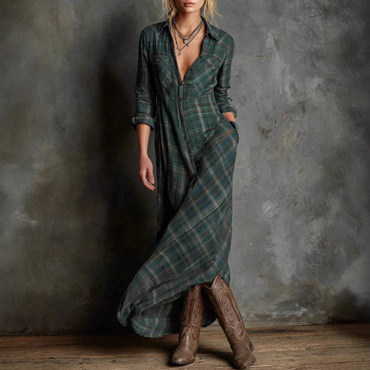 Women Long Sleeve Plaid Shirt Dress