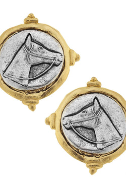 Gold and Silver Intaglio Horse Pierced Earrings