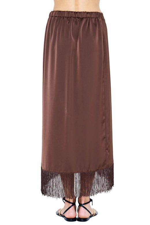 Fringed Satin Wrap Midi Skirt