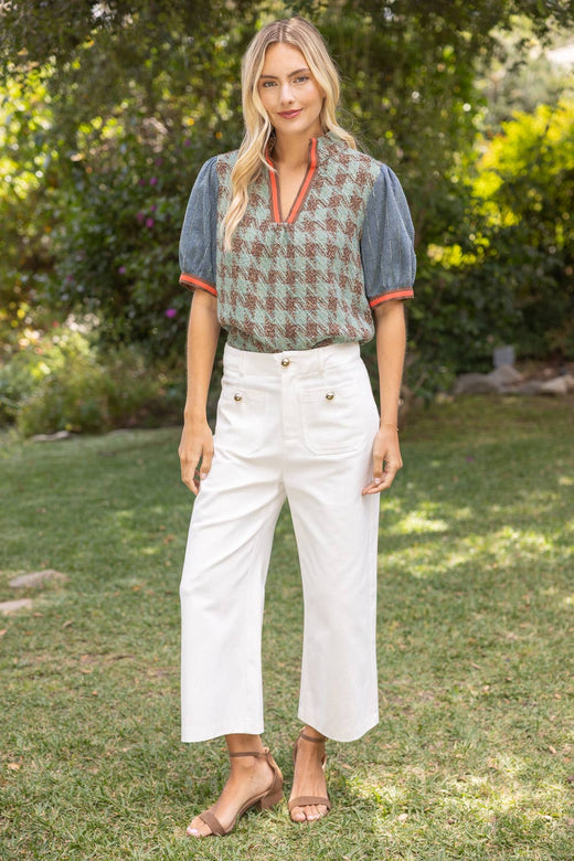 Stripe Denim Sleeve Houndstooth Tweed Top