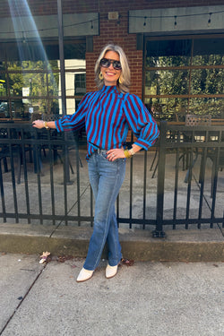 Side Button Puff Sleeve Stripe Top