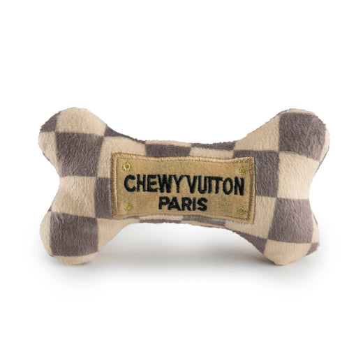 Tan Checker Chewy Vuiton Bones | Plush Squeaker Dog Toy